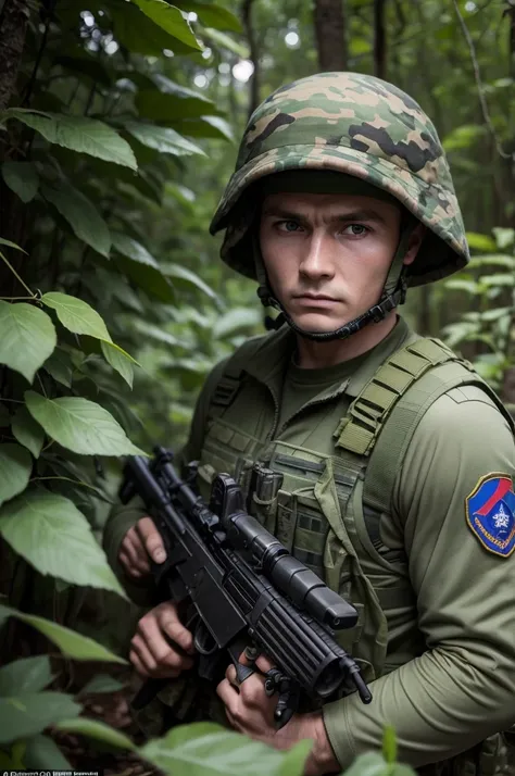 A Russian special forces soldier, equipamentos de 1975, face camuflada, in a forest in Vietnam 