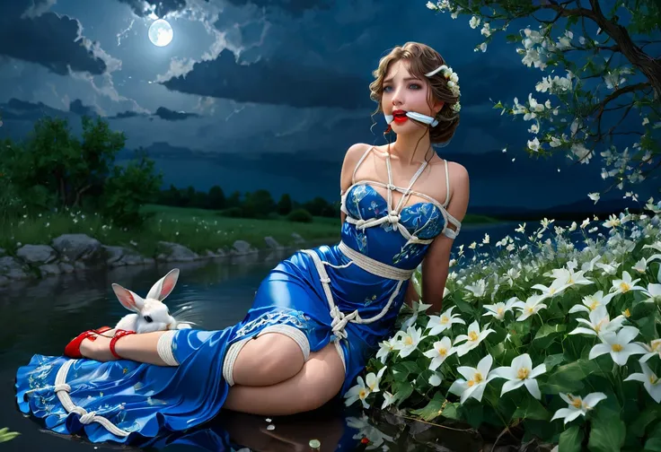 Studio Ghibli style, best quality, high resolution, 8k aesthetic, mesmerizing celestial moonlight, Α field of white flowers. A beautiful young woman in a blue dress damselpose, knees up, (gagged, cleave gag, knotted cleave gag:1.4), trees with white leaves...