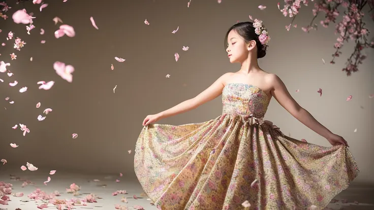 Create a hyper realistic image of a beautiful young girl with a dress resembling flower petals and leaves, positioned as if dancing. The figure should be intricately detailed, with patterns on the dress and leaves that give a three-dimensional appearance. ...