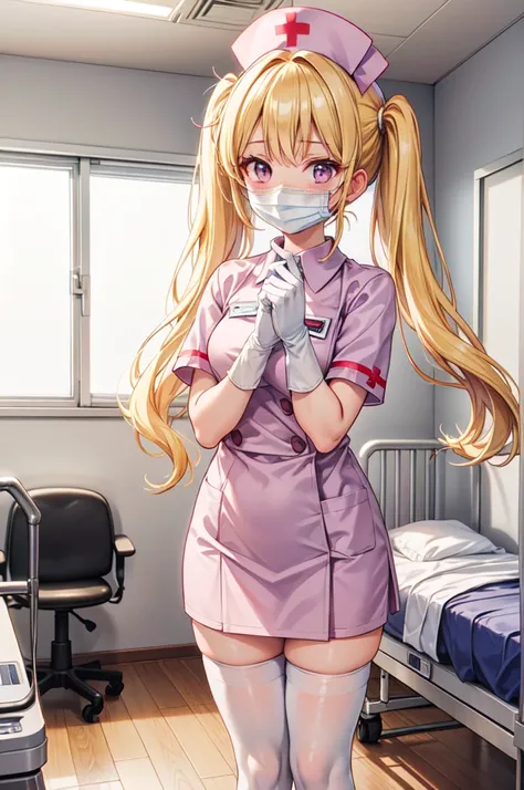 1girl, solo, nurse, nurse cap, white nurse uniform, ((white legwear, zettai ryouiki)), white gloves, twintails, yellow hair, purple eyes, ((white surgical mask, covered nose)), standing, ((hospital room)), sharp outline, short sleeves, best quality, master...