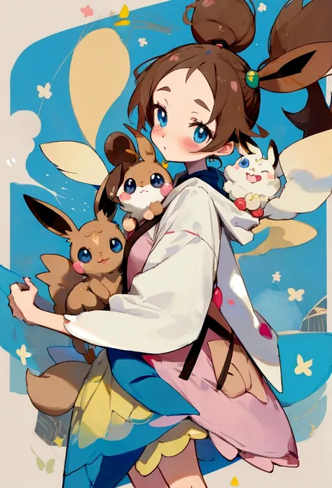 pokemon inspired, an eevee holding a hazelnut, cute, kawaii, blue eyes.