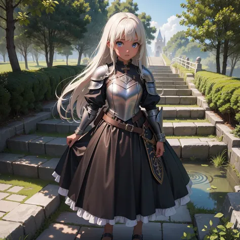 最high quality、high quality、10 years old、Girl Adventurer、Climb the labyrinth stairs、leather armor、Long skirt、Equipped with a dagger and a shield、