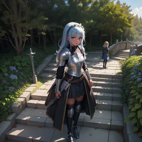 最high quality、high quality、10 years old、Girl Adventurer、Climb the labyrinth stairs、leather armor、Long skirt、Equipped with a dagger and a shield、