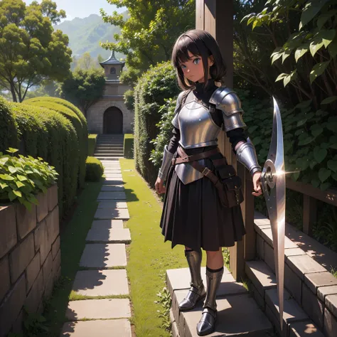 最high quality、high quality、10 years old、Girl Adventurer、Climb the labyrinth stairs、leather armor、Long skirt、Equipped with a dagger and a shield、