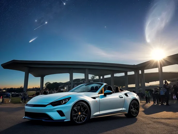 A sports car bathed in the ethereal glow of a star-filled night sky. The Milky Way arches across the background as shooting stars streak through the sky. The car, gleaming blue and gold, sits on a rain-slicked racetrack, its sharp lines reflecting the cele...