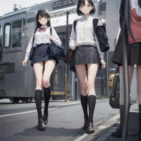 Man standing next to a train々Group of, photograph, Wearing a skirt and knee-high socks, school bag, Sexy Style,   Blur, Two Women,  photograph, Atmospheric, Skirt lining, angle：Directly below, It is suitable for substitution