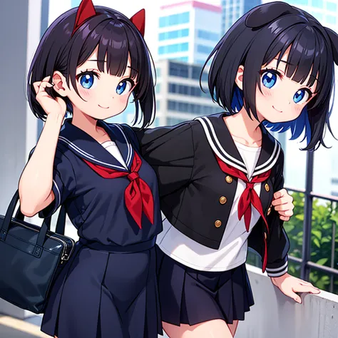 Short black hair Adult female　Dog Ears　Dark blue colored eyes　A student wearing a navy blue sailor uniform with a red ribbon　In the city　Smiling, chest up