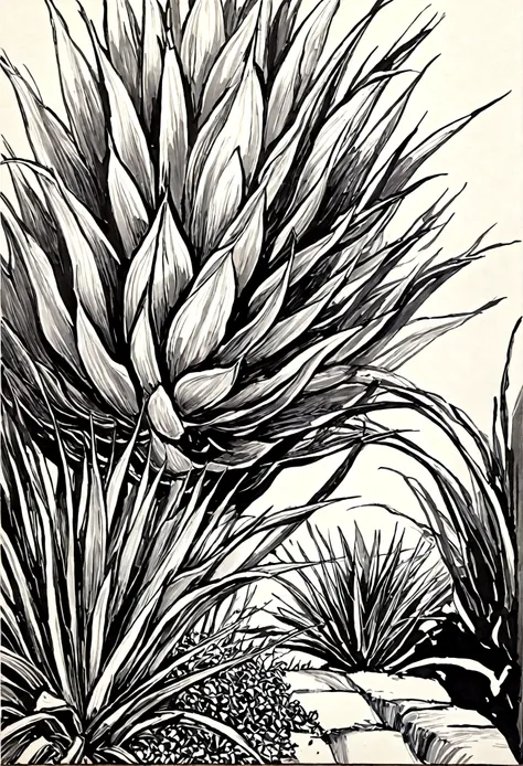 Line art, Ink Painting, Agave, Echeveria, monochromatic, Ink painting
