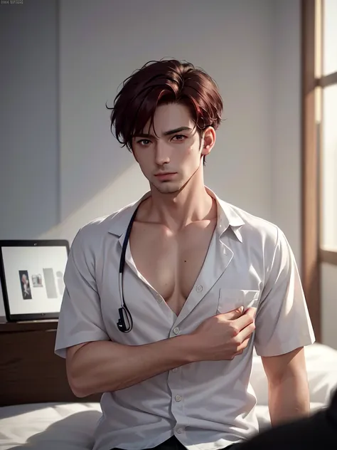 a 35 year old man with red short hair, grey eyes, moles all over the body, wearing an official uniform, masculinity, teacher, medic, (best quality,4k,8k,highres,masterpiece:1.2),ultra-detailed,(realistic,photorealistic,photo-realistic:1.37),cinematic light...