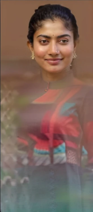 ultrarealistic hires close up photo of a 30-year-old sai pallavi woman, outdoors, realistic skin texture, looking looking at camera, high collar intricate (kurta, Jeans:1.2), tied hair, smiling, beautiful bokeh background 