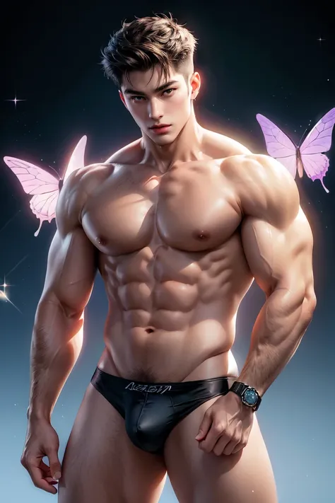 (8K, RAW photos, Highest quality) masterpiece, 1 boy, 18 years old, Asian muscular man Look at the audience, standing, spoiled style pose ((sexy style, lust style)),showing his big, muscular breasts, puffy nipples  , sexy six pack, narrow waist, Handsome, ...