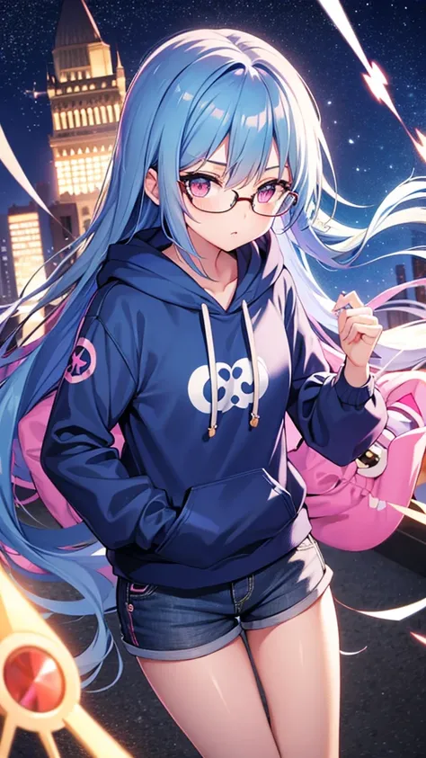 Blue Hair　Straight Hair　Long Hair　Pink Eyes　Glasses　Starry Sky　One girl　hoodie　Shorts