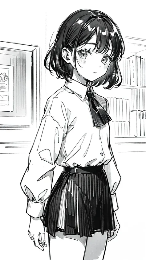 One Girl,Line art,Monochrome,sketch,Pencil drawing,Traditional Media,One Girl, 黒いskirtフェンス, Long Hair Shirt, Long sleeve, skirt, alone、Are standing、Cute Teenage Girl, ,Beautiful portrait、Delicate body、Esbian all over、saw、ru、Bob、short hair、Patsun、Black Hair...