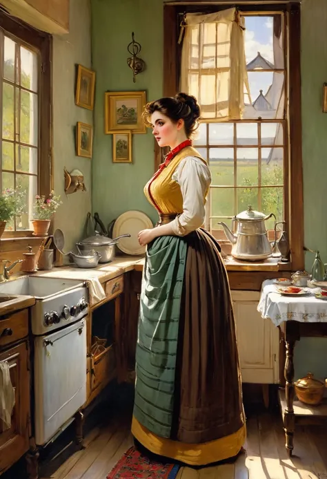  Full body shot  of A voluptuous buxom pretty 1880 western frontier farmwife  standing in front of a window in her kitchen, updo hairstyle , brown hair, by Jean Béraud, inspired by Jean Béraud, inspired by Édouard Detaille, edouard leon cortes, inspired by...