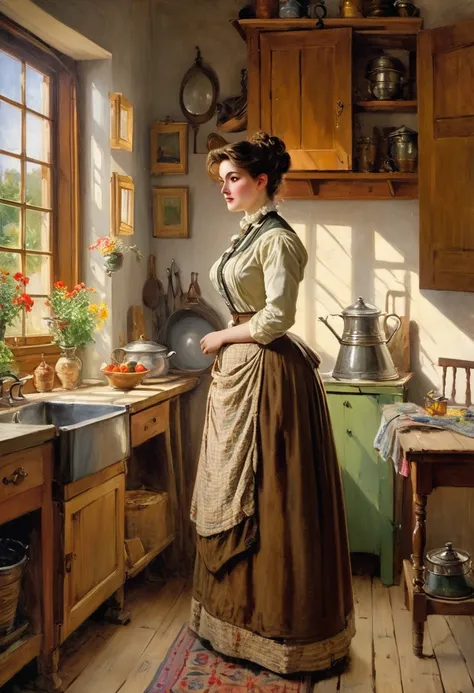  Full body shot  of A voluptuous buxom pretty 1880 western frontier farmwife  standing in front of a window in her kitchen, updo hairstyle , brown hair, by Jean Béraud, inspired by Jean Béraud, inspired by Édouard Detaille, edouard leon cortes, inspired by...