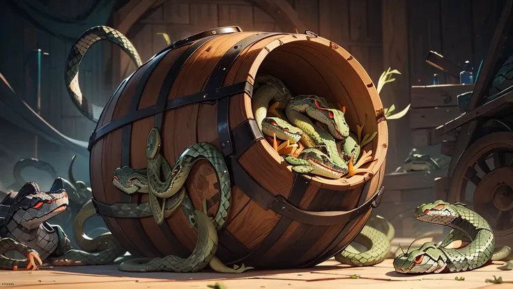 a wooden barrel filled with dead snakes, horror, nakesWorld