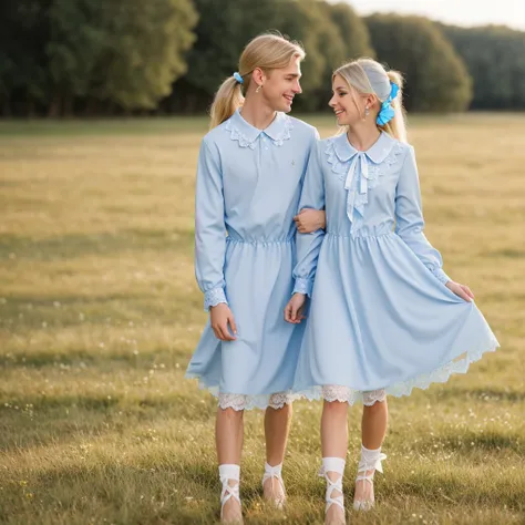 BLOND Girly and pretty TEEN boy in BLUE LONGSLEEVED Bridesmaid Dress with lacy collar and cuffs. On his legs, he wears white kneesoks and strappy 1“ heels. His long dark blond hair tied in long HIGH PONYTAILS by WHITE ribbons tied in pretty pair of WHITE h...