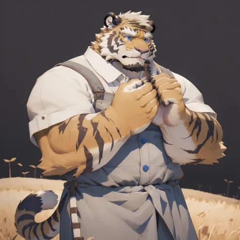 masterpiece, best quality, 8k resolution, Very detailed, hairy，tiger，((White short hair))，Strong body，((Middle-aged uncle))，(((Blue eyes)))，For the audience，portrait，(Highest quality scene)，(((Gray cloth)))，((Solitary))，Black trousers，whole body，((Touching...