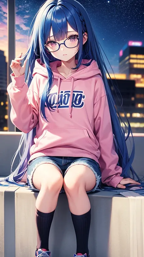 Blue Hair　Straight Hair　Long Hair　Pink Eyes　Glasses　Starry Sky　One girl　hoodie　Shorts