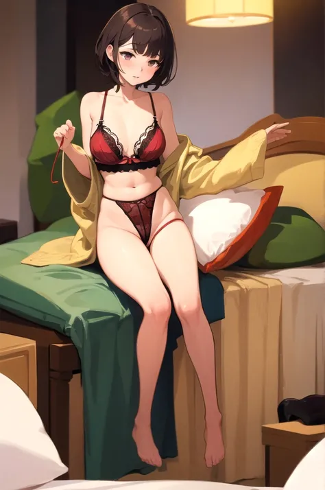 nsfw,((highest quality)), ((masterpiece)), (detailed), One girl, Medium Hair,Red Bra, String Panties,Bedroom at home,Dacchuno