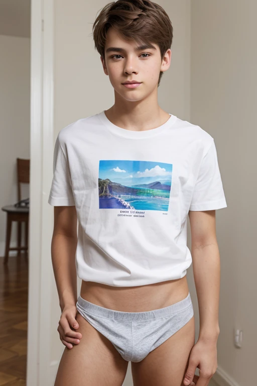 Draw a beautiful 17-year-old boy wearing a shirt and no pants