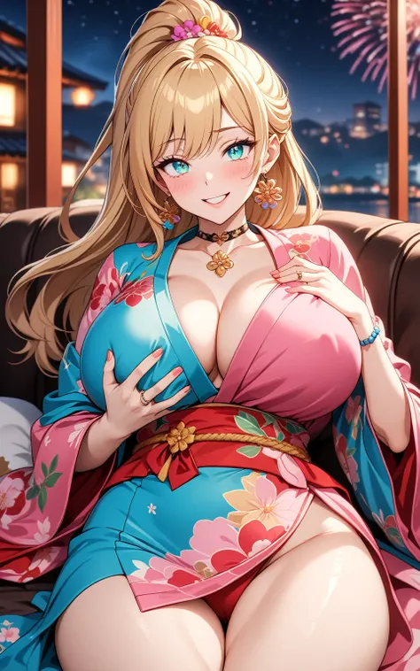 ((one personの女性)), Beautiful Face, Laughing embarrassedly,((Wink:2.5)),((Breastfeeding:1.8)),Laughing with your mouth open,((Red cheeks:1.4)),Glossy pink lips,night,rooftop,Festive decorations,You can see the ocean, firework,((Anime style background)),mast...