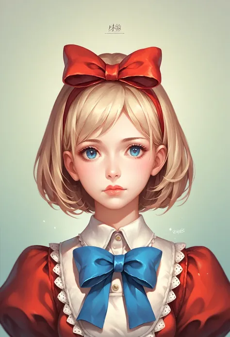 1 girl, Masterpiece, best quality, 8ก, Fine texture, Fine fabric, Beautifully detailed face, complicated details, very detailed, Alice in Wonderland, (bow on her head:1.1), upper body