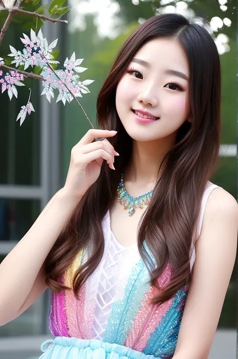 /i cute pretty beautiful gorgeous korean female college students, crystal tree with crystal leaves and crystal branches, colourf...