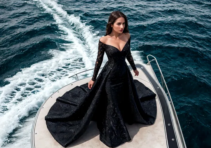 Realistic photography of a woman in black dress standing on front of a luxury speed boat, in the ocean.