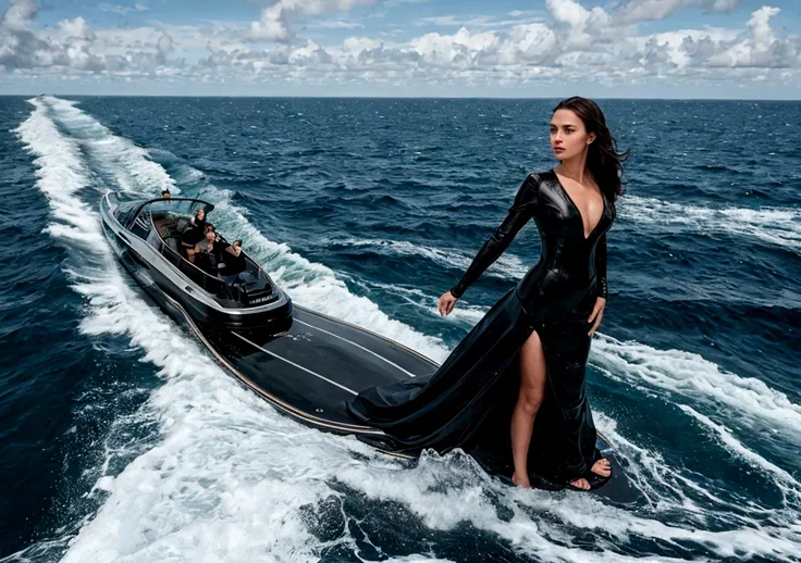 Realistic photography of a woman in black dress standing on front of a luxury speed boat, in the ocean.