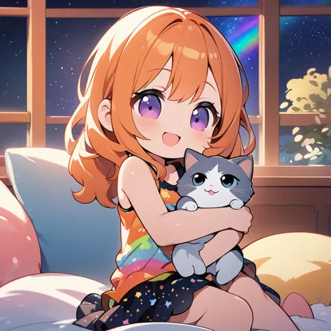 masterpiece、highest quality、Depth of subject、２D illustration、1 beautiful girl、solo, (((chibi style)))、cute chibi, lovely chibi, ((night)), ((window)), ((starry sky)), Long, beautiful hair、Shiny orange hair、cute、Beautifully detailed eyeini skirt))、((colorfu...