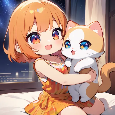 masterpiece、highest quality、Depth of subject、２D illustration、1 beautiful girl、solo, (((chibi style)))、cute chibi, lovely chibi, ((night)), ((window)), ((starry sky)), Long, beautiful hair、Shiny orange hair、cute、Beautifully detailed eyeini skirt))、((colorfu...