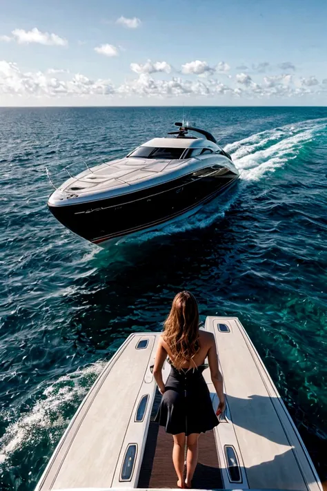 Realistic photography of a woman standing on front of a luxury speed boat, in the ocean.