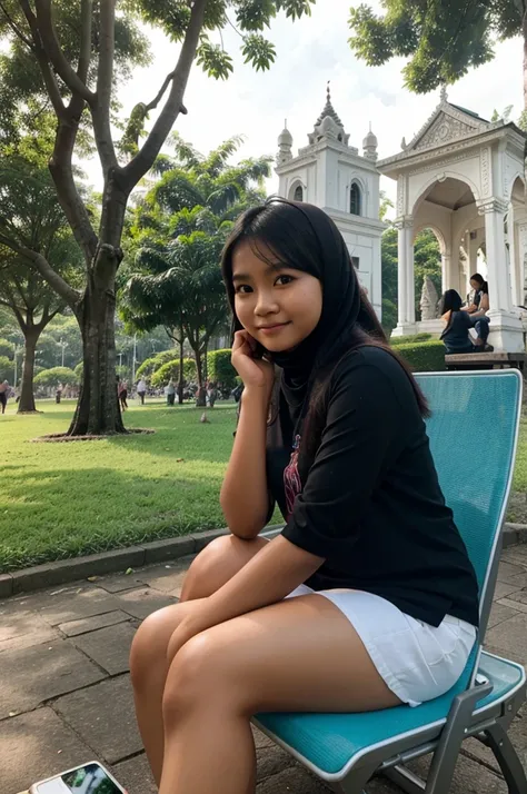 A young Indonesian woman has a sullen  while sitting on a large cellphone in the park with a 4D caricature of a smiling face