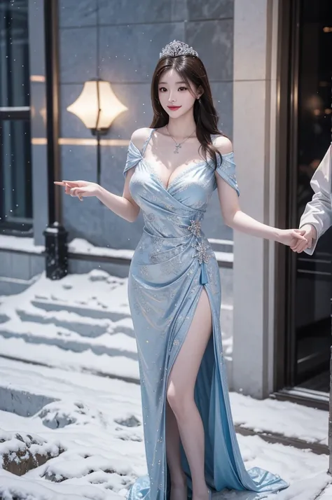 /I A 29 year old Chinese girl wearing a necklace, inspired by Sim Sa jeong, Azure. Fine hair, winter princess, ice princess, plump, antique style artwork, 8K), fantasy aesthetics Guvez, Ice and Snow Queen, 8K high-quality/detailed art, sweet smile, full bo...