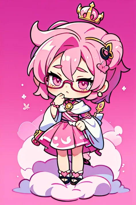 cartoon girl with pink hair and glasses wearing a crown, ((pink)), Official fan art, The delicate androgynous prince, anime moe art style, beautiful androgynous prince, cute art style, Chibi style, 🍁 cute, Kawaii Chibi, ❤🔥🍄🌪, Chibi Art, Fan Art Demon Slaye...