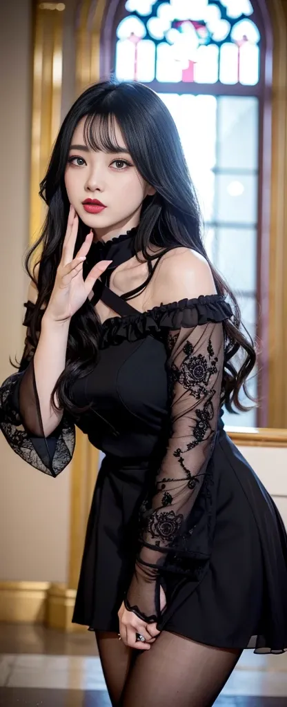 Very detailed、Attractive beauty、Beautiful woman、Cool girl、Wavy Hair、Black chiffon dress、Wide sleeves、flare skirt、Black Pantyhose、evil女性幹部、evil堕落、brainwashing、Lace fabric、Shining Legs、Black lipstick、evil表情、Suspicious look、Hollow Eyes、evil、Reaching out、Pleas...