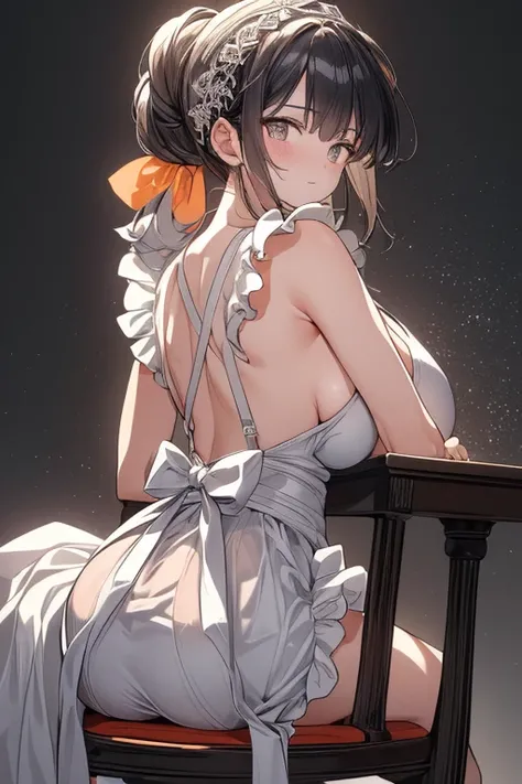 (A masterpiece of image quality in 8K),(Beautiful Allafed Woman),(((emphasizing breasts:1.3))),(Dynamic angles),(Dynamic and sexy bending pose:1.3),(sit a chair:1.3),(Short hair in shiny silver and orange inner colors,large full breasts,Disturbance of clot...