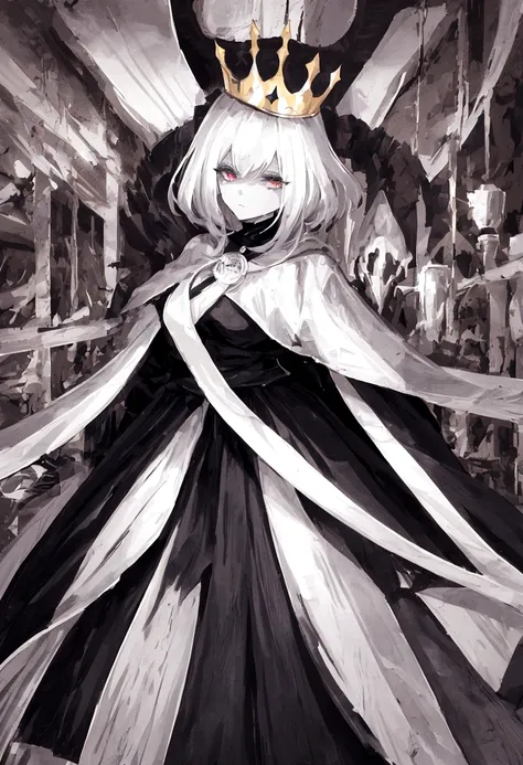 drawing of a woman in a long cape and black and white dress, crown on head, Full review, dark fantasy character design, interesting character design, queen, warrior character,The Dark Goddess, best anime character design, Anime girl, dark sorceress fullbod...