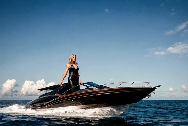 Realistic photography of a woman standing on front of a luxury wood and black speed boat, in the ocean.