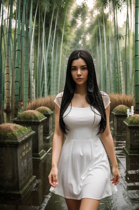 Masterpiece , best quality , ultra high res , 4k , hyper realistic ,photorealistic , Pov of hand hold hand of 1 girl, 25 years old , half body , plump ,beautiful face, stand on road, wearing long Thin white dress, very long black hair. background of wet ro...