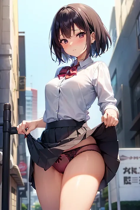 alone,(((Anime Style:3,Mature Woman,Shyness,Small breasts:1.3,80 years old,Fat))),Red face,Black Hair,Watery eye,Shyness,short hair,Downtown street corner at night,Put your arms behind your back,Checkered micro mini skirt,Knee-high socks,Absolute area,Blou...