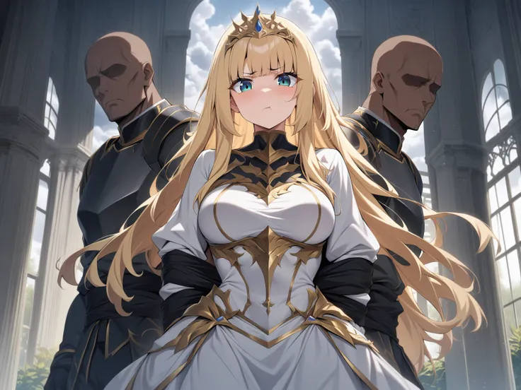 {{upper body, straight-on}} {{Artist: moisture_(chichi)}} 1 woman, 2 guards on either side restraining her, 2 men wearing armor, mature female, elegant, princess, medium breasts, straight hair, golden hair, long hair, hime cut, green eyes, white dress, gol...