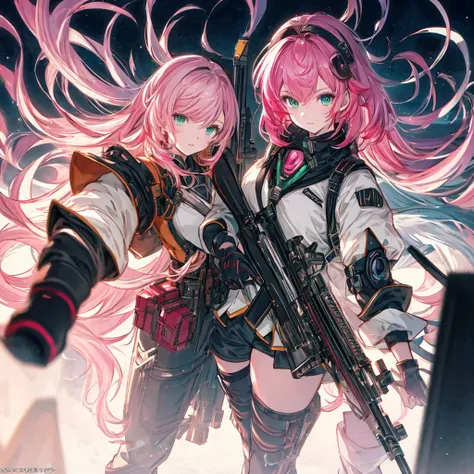 1girl、[17277fbe68],(((highest quality、Masterpiece、Official Art、The best dynamic composition)))、(Fine hair)、(Tabletop, highest quality), Super detailed, Anime Style, whole body, Cyberpunk Girl, Gripping a high-tech rifle, Pink Hair, Glowing green eyes, Wear...