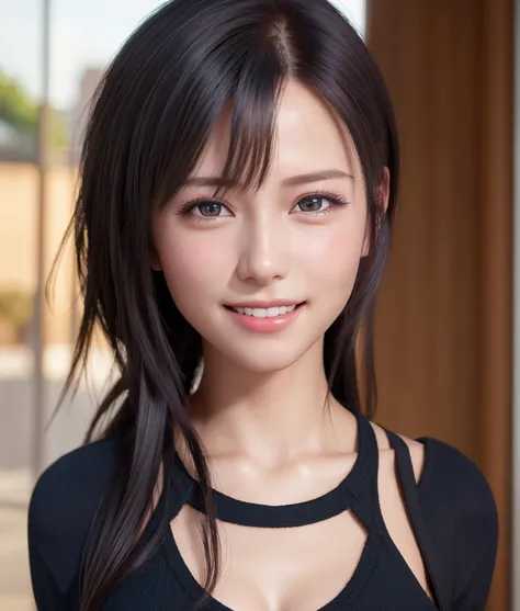 Best Quality, Ultra high definition, (Photorealistic:1.4),Sunset light, Ponytail, detailed photo, Smiling, Sexy, Black shirt, Facing Camera, (masutepiece: 1.3), (8K, Photorealistic, Best Quality), (1girl in), Beautiful face, (Realistic face), (Black hair, ...