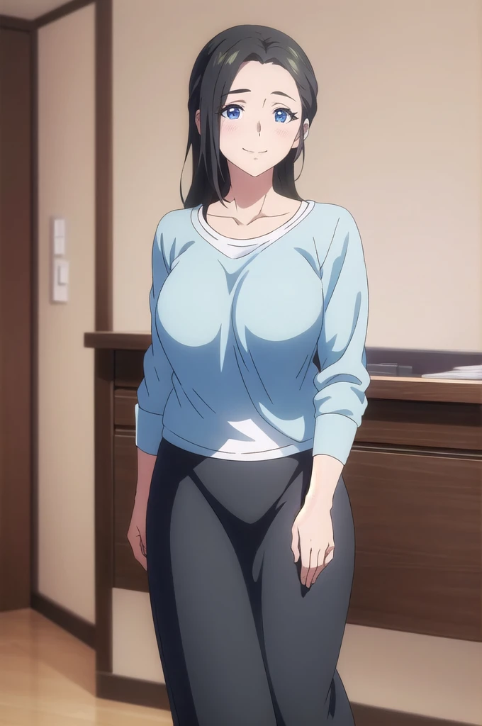 masterpiece, (best quality), 1woman,1girl ,haruhiko_ichijou_mother,  black hair, long hair,  (blue eyes),casual clothes, (skirt),big breasts ,, ,sexy woman,smile, hair between eyes, long sleeves,closed clothes, embarrassed,blush,  , vibrant colors ,natural...