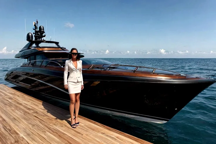 Realistic photography of a woman standing on front of a luxury wood and black speed boat docking in the ocean.