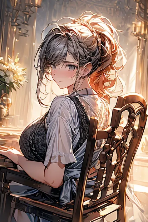 (A masterpiece of image quality in 8K),(Beautiful Allafed Woman),(((emphasizing breasts:1.3))),(Dynamic angles),(Dynamic and sexy bending pose:1.3),(sit a chair:1.3),(Short hair in shiny silver and orange inner colors,large full breasts,Disturbance of clot...