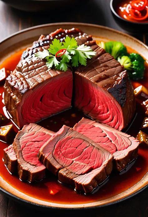 A large cut of beef，Braised，The outside is black，Cut surface is red，Have an appetite，Textured，High realism。