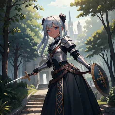 最high quality、high quality、10 years old、Wearing leather armor、Girl Adventurer、Climb the labyrinth stairs、Long skirt、Equipped with a dagger and a shield、